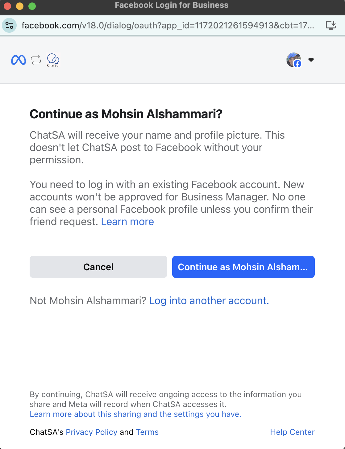 Log in with your personal Facebook Account