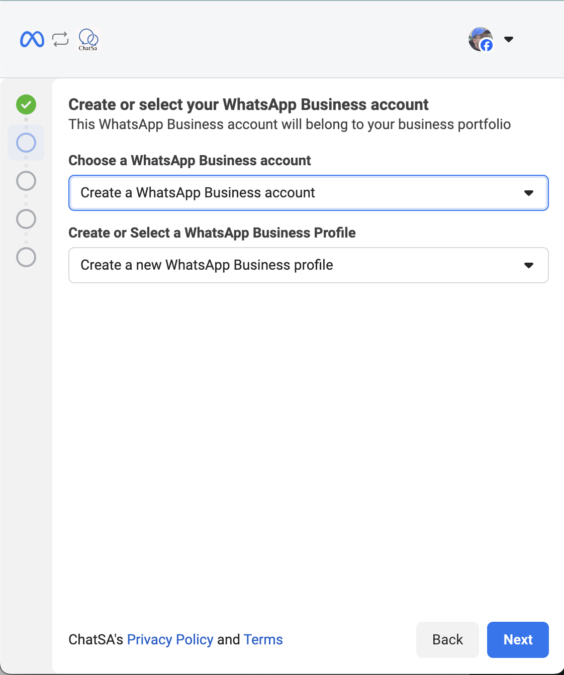 Create a WhatsApp business profile or select an existing one